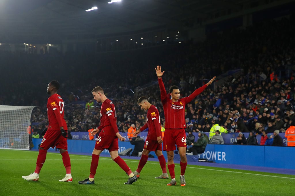Trent Alexander-Arnold celebrates scoring v Leicester City
