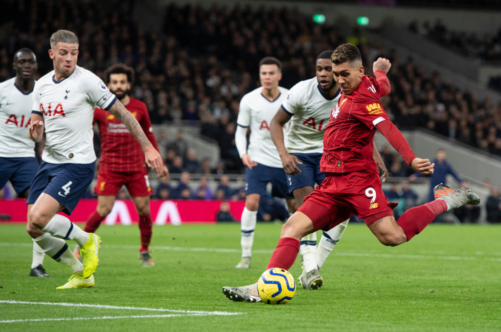 Roberto Firmino scores the winner against Tottenham Hotspur.