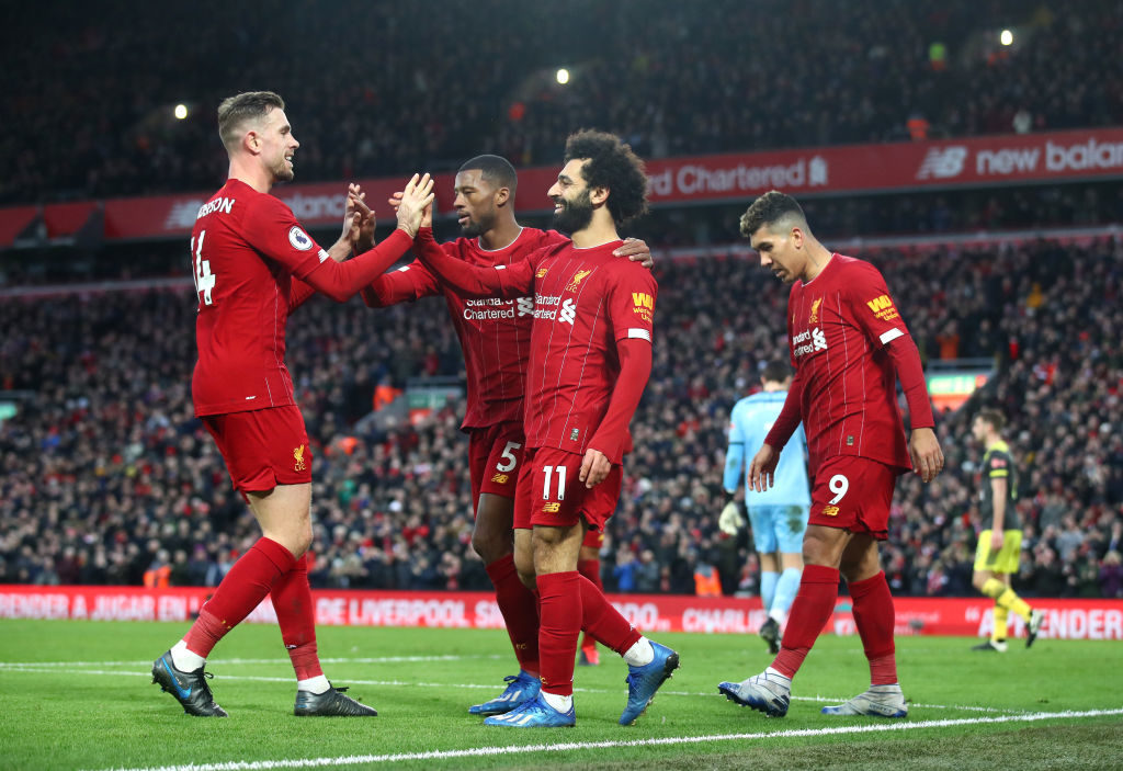 Liverpool celebrate Mohamed Salah scoring against Southampton.