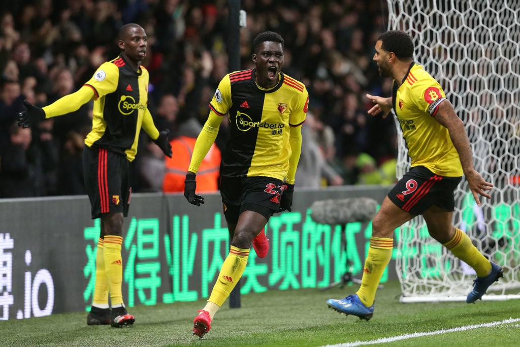 Ismalia Sarr celebrates scoring against Liverpool.