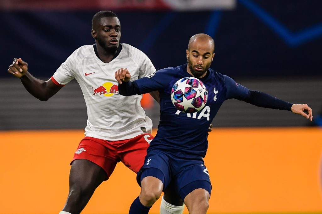 Dayot Upamecano up against Lucas Moura.
