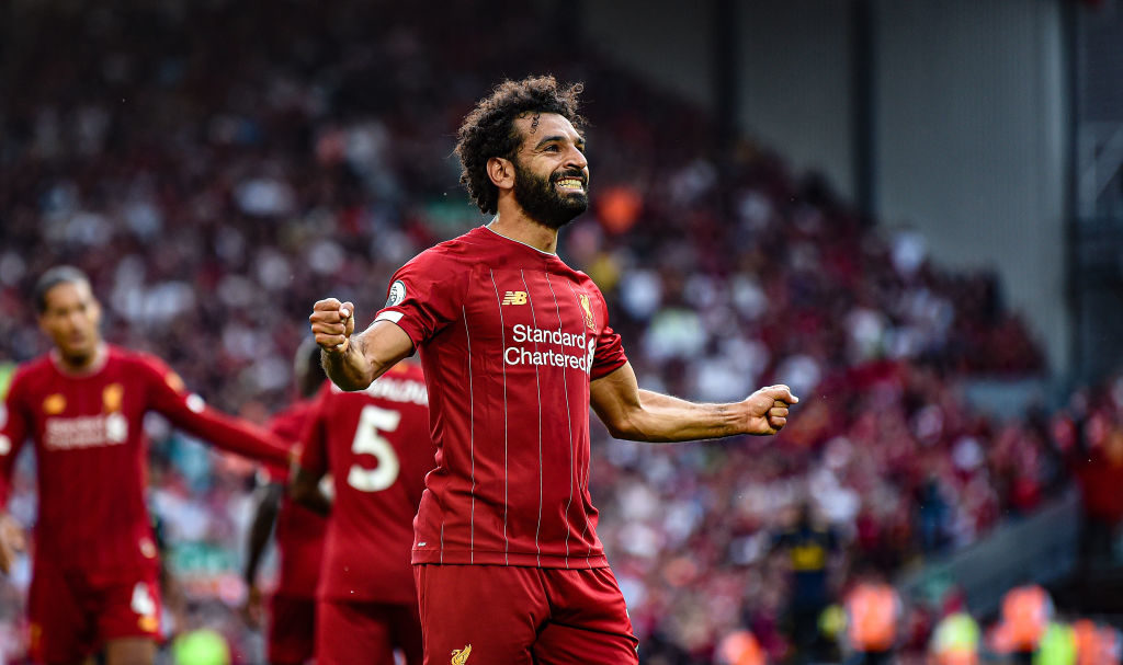 Mohamed Salah celebrates at Anfield.