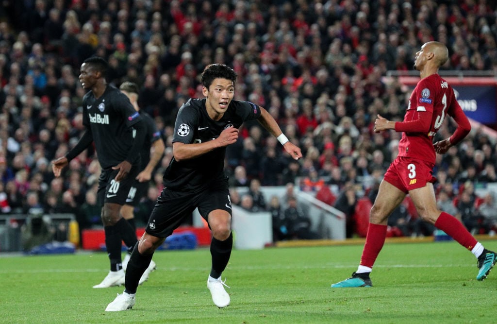 Hee-Chan Hwang celebrates his Anfield goal.
