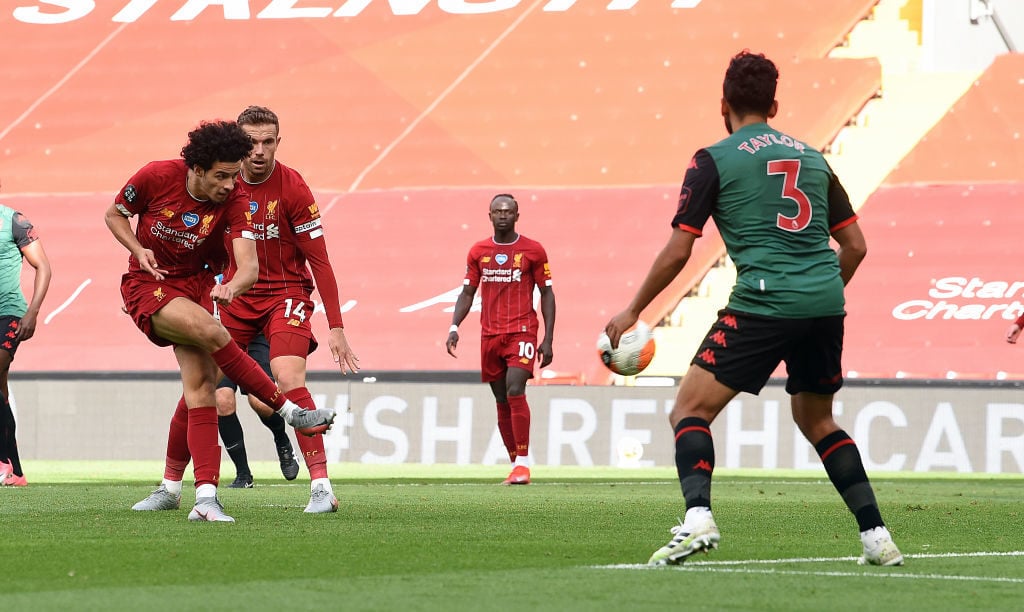 Curtis Jones scores against Aston Villa.