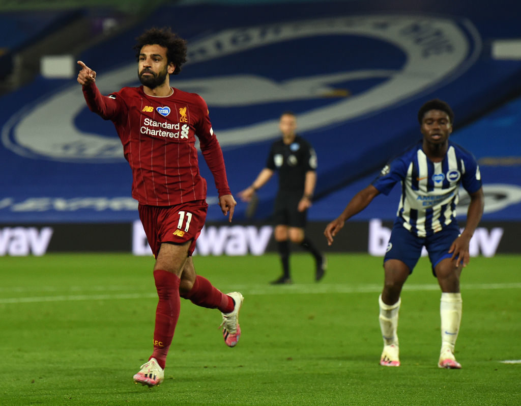 Mohamed Salah celebrates scoring at the Amex.