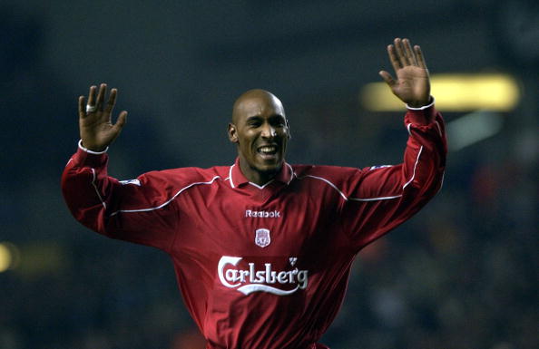 5 Jan 2002:  Nicolas Anelka of Liverpool celebrates after scoring his first goal for the club against Birmingham City in the  AXA FA Cup Third Roun...