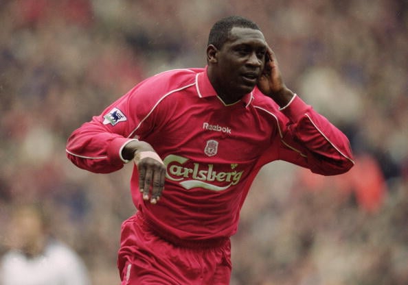 22 Apr 2001:  Emile Heskey of Liverpool celebrates opening the scoring during the FA Carling Premiership match against Tottenham Hotspur played at ...