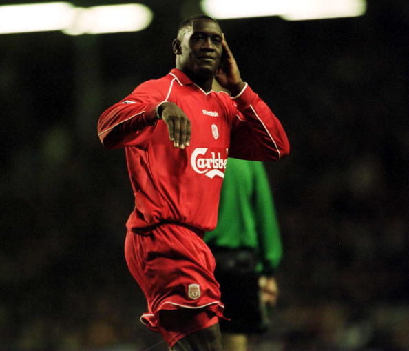 12 Nov 2000: Emile Heskey of Liverpool celebrates scoring during the match between Liverpool and Coventry City in the FA Carling Premiership at Anf...