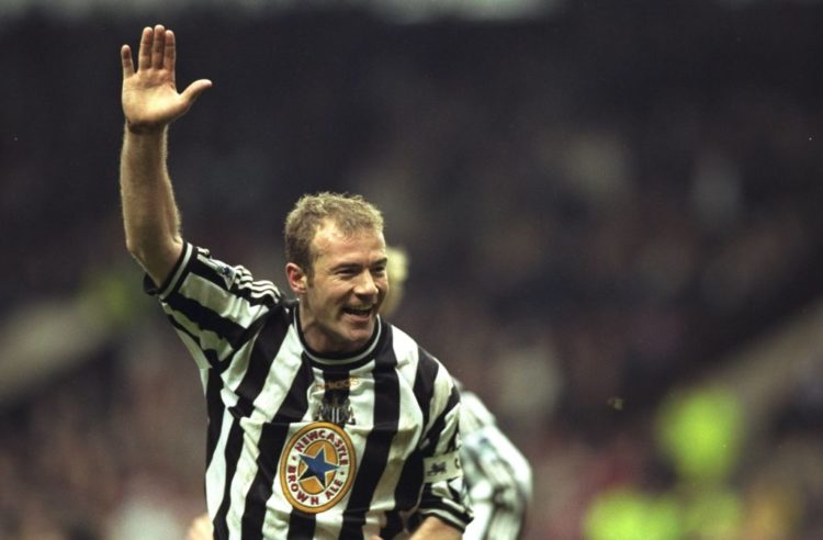 5 Apr 1998:  Joy for Alan Shearer of Newcastle as he scores the winning goal during the match between Newcastle United and Sheffield United in the ...