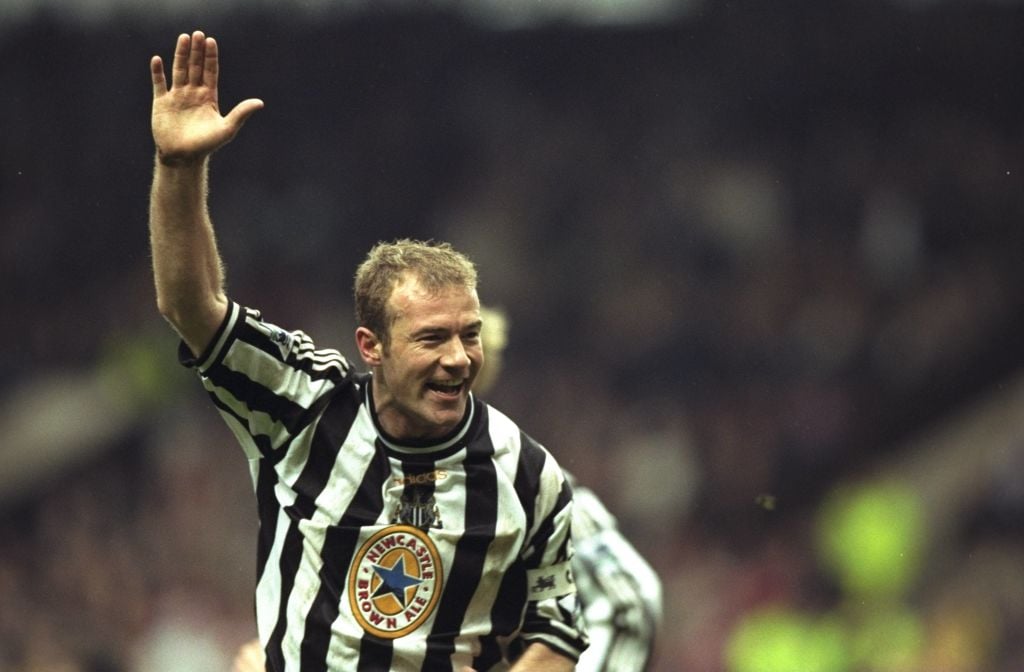 5 Apr 1998: Joy for Alan Shearer of Newcastle as he scores the winning goal during the match between Newcastle United and Sheffield United in the ...
