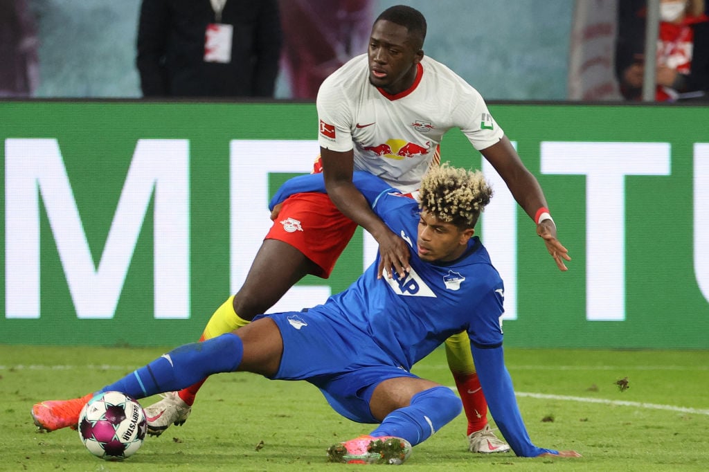 Ibrahima Konate battles Georginio Rutter in the 2020/21 Bundesliga