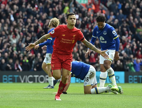 Philippe Coutinho celebrates scoring against Everton.
