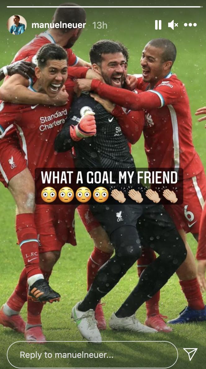 Manuel Neuer sends Alisson Becker message on Instagram.