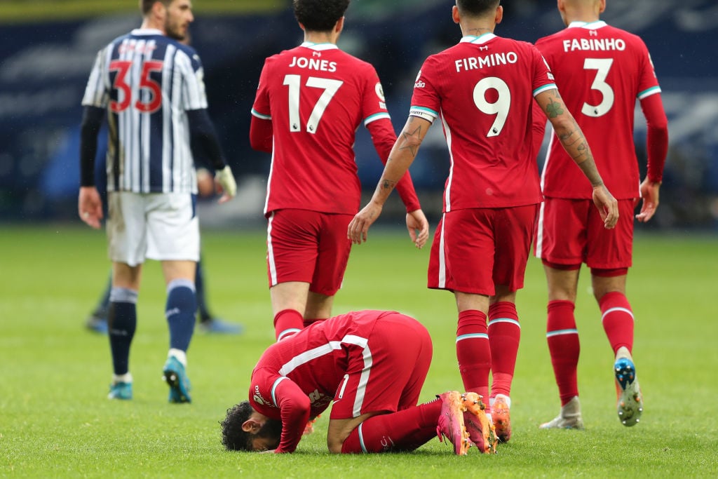 Mohamed Salah of Liverpool celebrates after scoring a goal to make it 1-1 during the Premier League match between West Bromwich Albion and Liverpool at The Hawthorns on May 16, 2021
