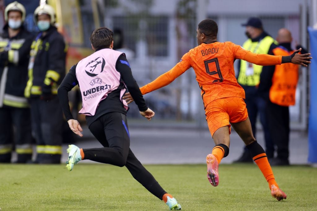 Myron Boadu of Holland celebrates 2-1 during the UEFA EURO U21 quarter-final match between the Netherlands U21 and France U21