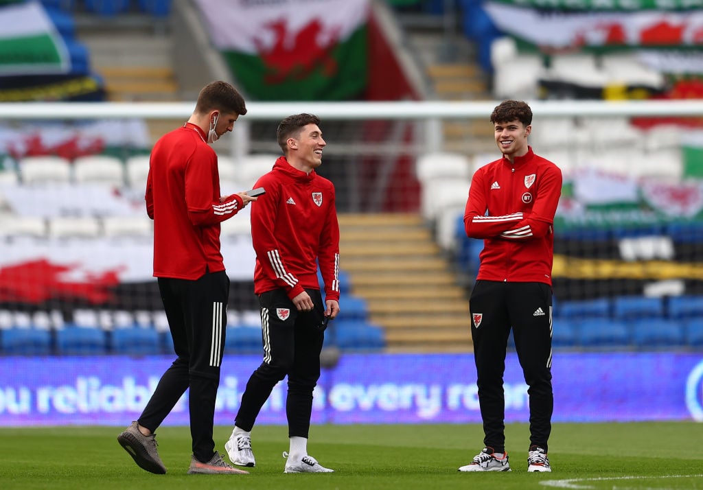 Harry Wilson and Neco Williams (R) of Wales inspect the pitch prior to the FIFA World Cup 2022 Qatar qualifying match between Wales and Czech Republic on March 30, 2021