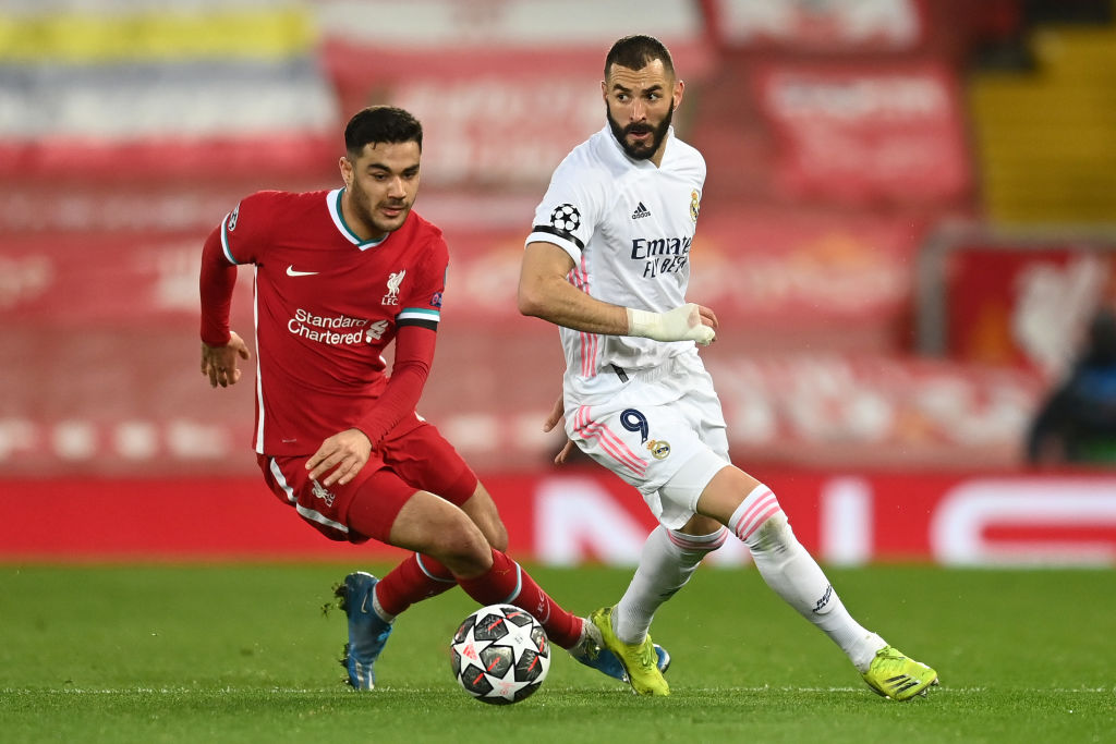 Liverpool FC v Real Madrid - UEFA Champions League Quarter Final: Leg Two - Ozan Kabak and Karim Benzema