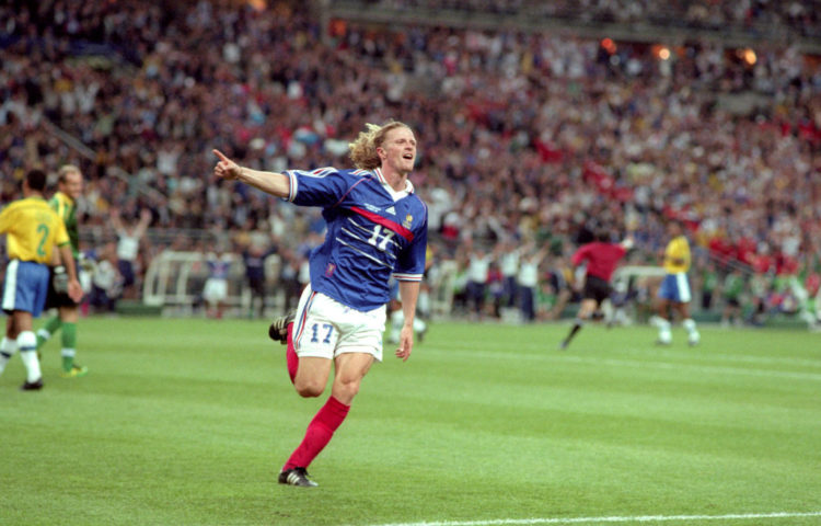 12 July 1998 FIFA World Cup Final - France v Brazil - Emmanuel Petit celebrates after scoring the third goal for France (photo by Mark Leech/Offsid...