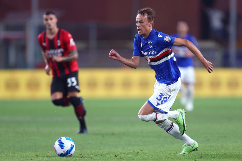Mikkel Damsgaard of Uc Sampdoria in action during the Serie