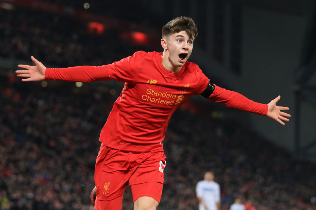 Ben Woodburn celebrates after scoring for Liverpool during the EFL Cup match against Leeds United at Anfield.
