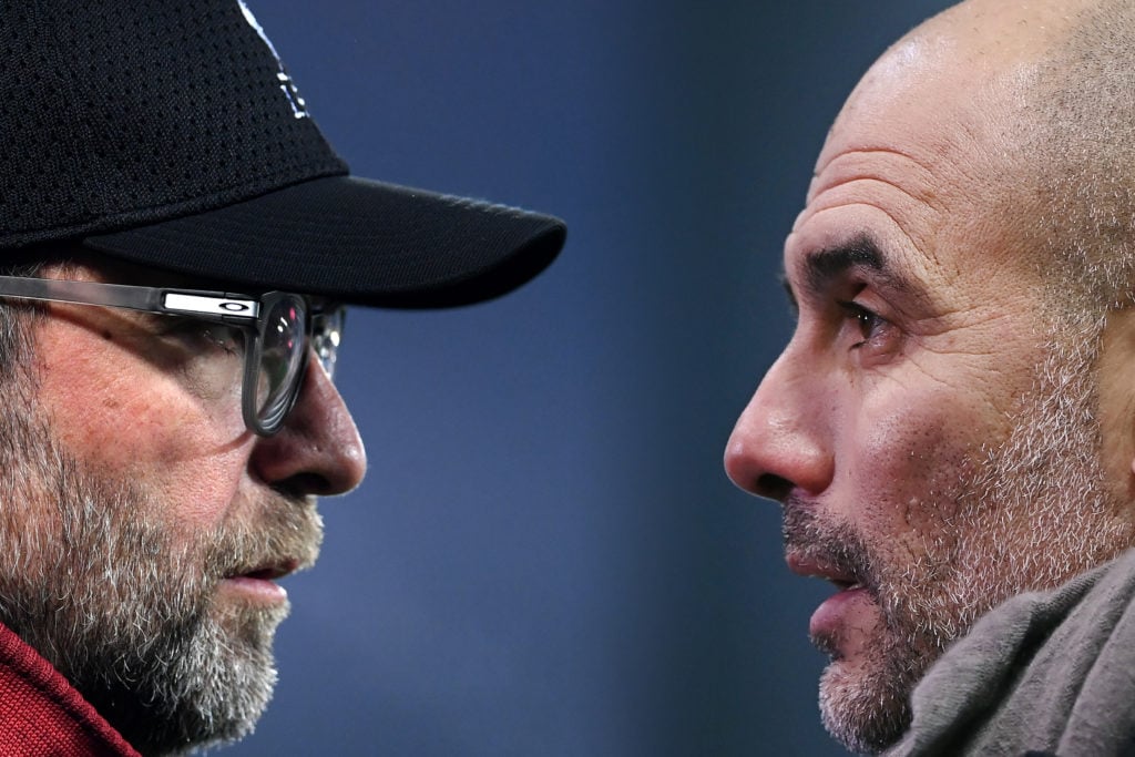 Pep Guardiola and Jurgen Klopp face off during Man City vs Liverpool