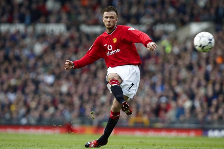 23 Mar 2002:  David Beckham of Manchester United takes a trademark free-kick during the FA Barclaycard Premiership match between Manchester United ...