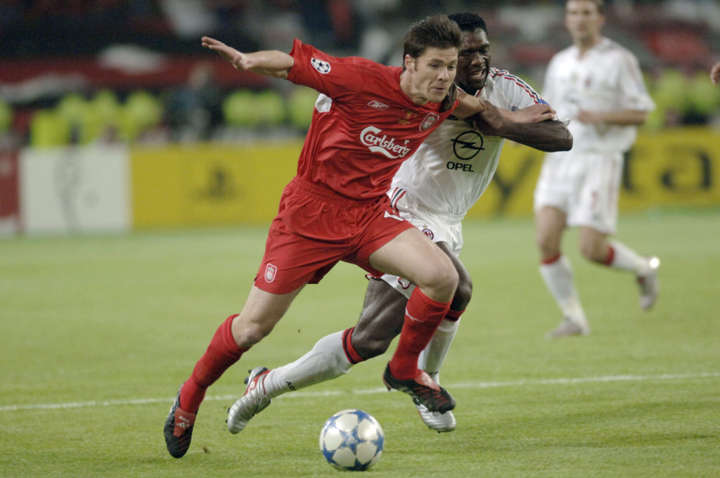 BT Sport, Football, UEFA Champions League Final, 25th May 2005, Ataturk Stadium, Istanbul, AC Milan 3 v Liverpool 3, ( Liverpool won 3-2 on penalties), Liverpool's Xabi Alonso with Milan's Clarence Seedorf