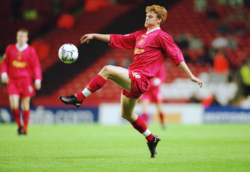 John Arne Riise of Liverpool on the ball during a match against Boavista at Anfield.