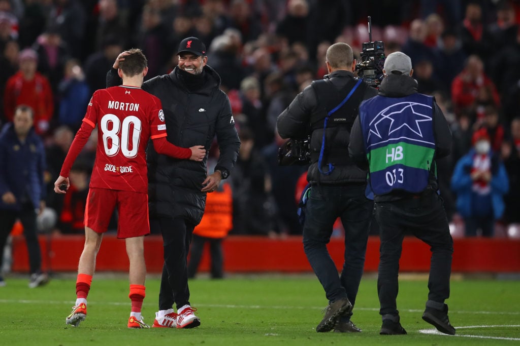 Tyler Morton and Jurgen Klopp for Liverpool