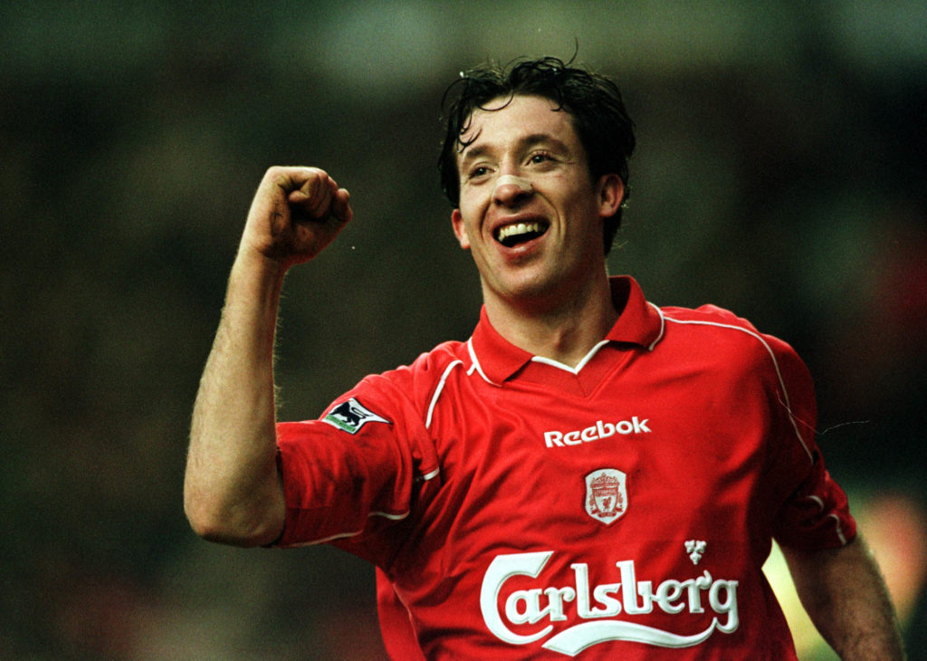 Robbie Fowler celebrates after scoring for Liverpool against West Ham United at Anfield.