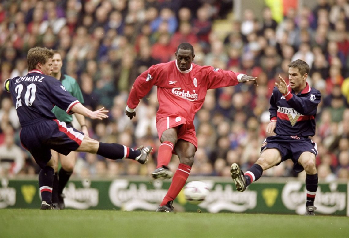 11 Mar 2000: Emile Heskey shoots on his debut for Liverpool during the FA Carling Premiership match against Sunderland at Anfield in Liverpool, En...