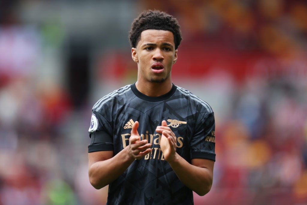Ethan Nwaneri of Arsenal applauds the fans following the Premier League match between Brentford FC and Arsenal FC at Brentford Community Stadium