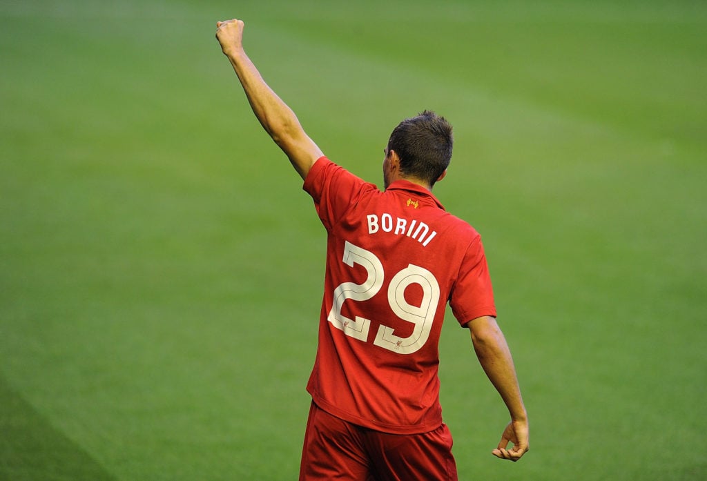 Fabio Borini of Liverpool celebrates his goal during the UEFA Europa League Third Round Qualifier between Liverpool and Gomel at Anfield on August 9, 2012 in Liverpool
