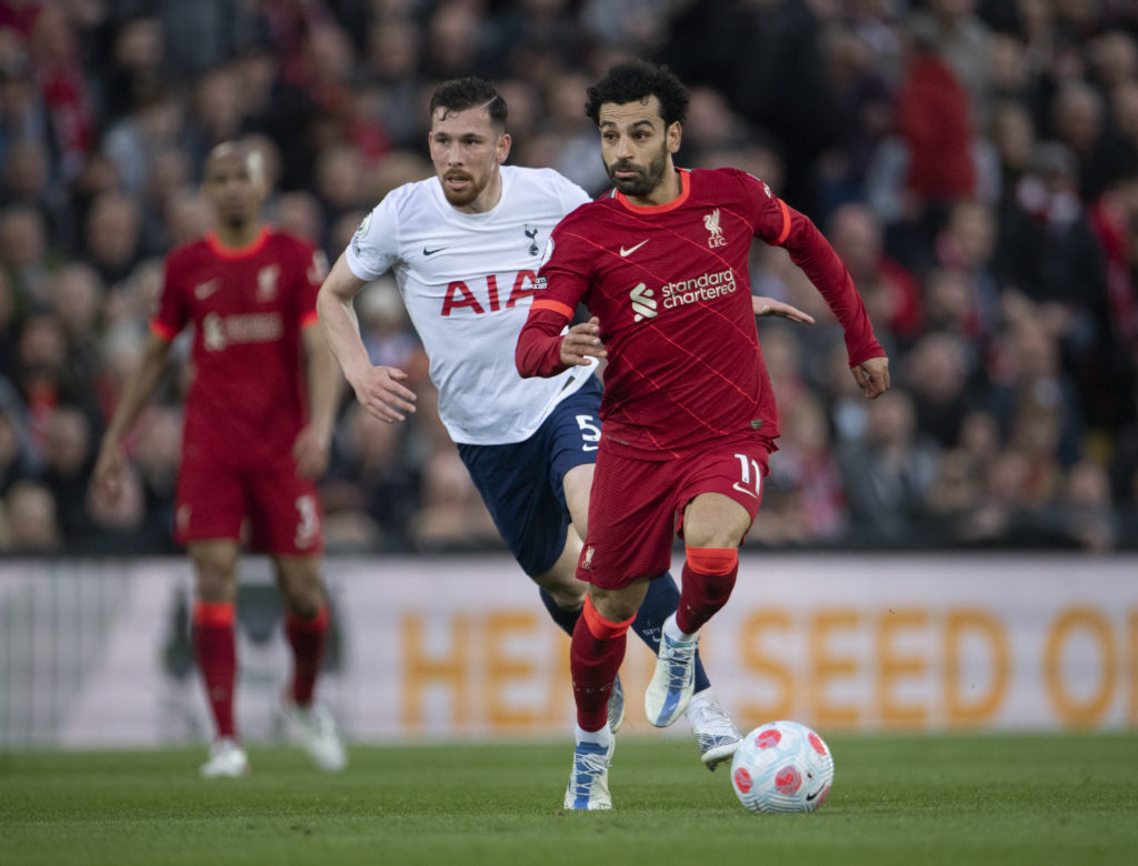 Mo Salah and Pierre-Emile Hojbjerg during Liverpool vs Spurs