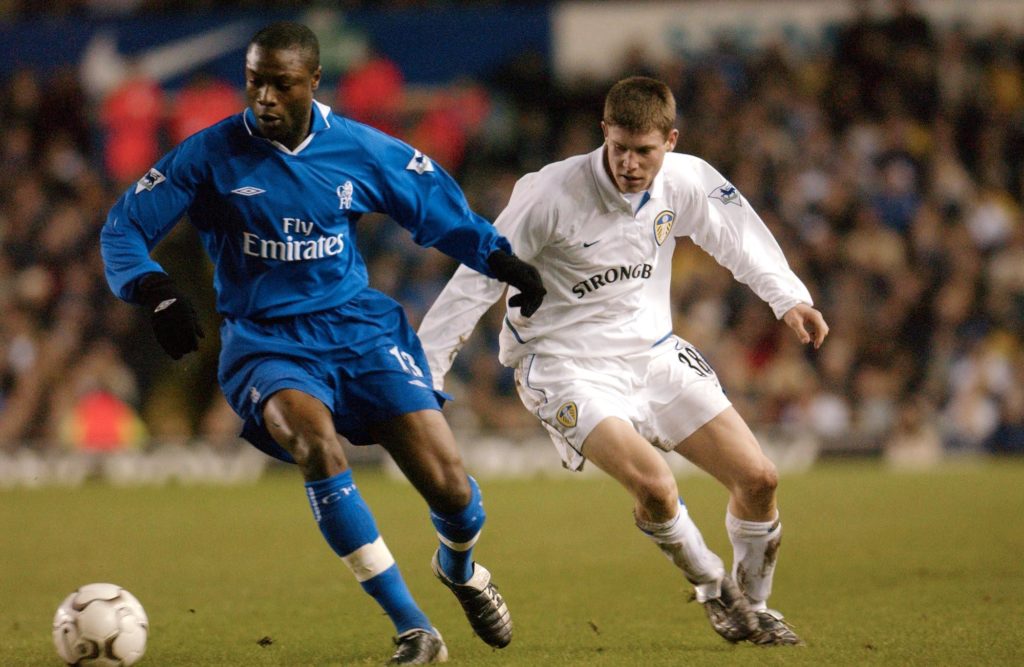 Leeds Uniteds James Milner gives chase to Chelsea'