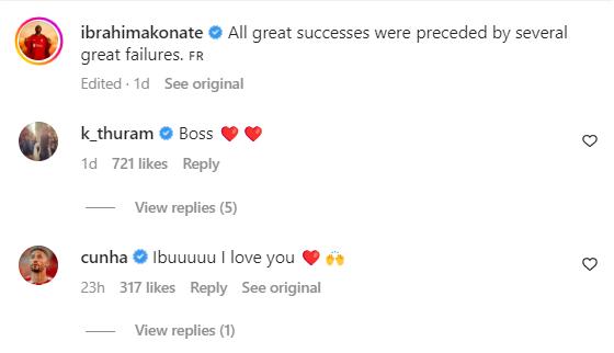 Matheus Cunha messages Ibrahima Konaté.