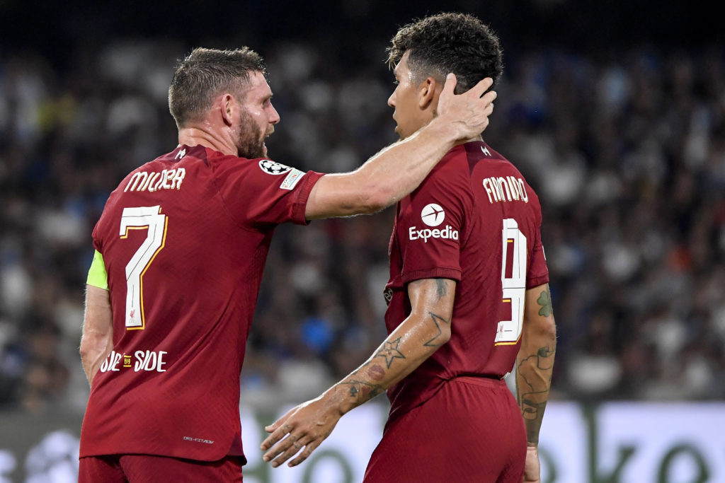 James Milner and Roberto Firmino of Liverpool FC during the