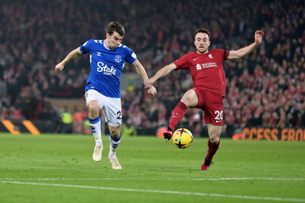 Everton's Seamus Coleman battles with Liverpool striker Diogo Jota during the Merseyside Derby at Anfield.