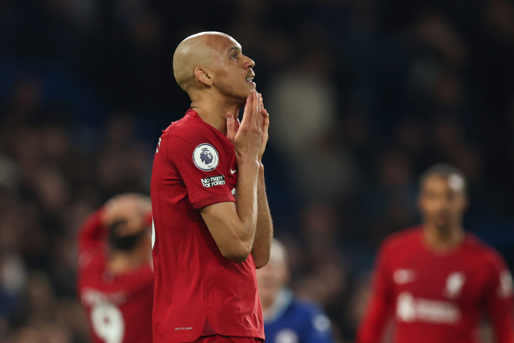 Fabinho of Liverpool reacts after missing a chance to score in the first half during the Premier League match between Chelsea FC and Liverpool FC at Stamford Bridge