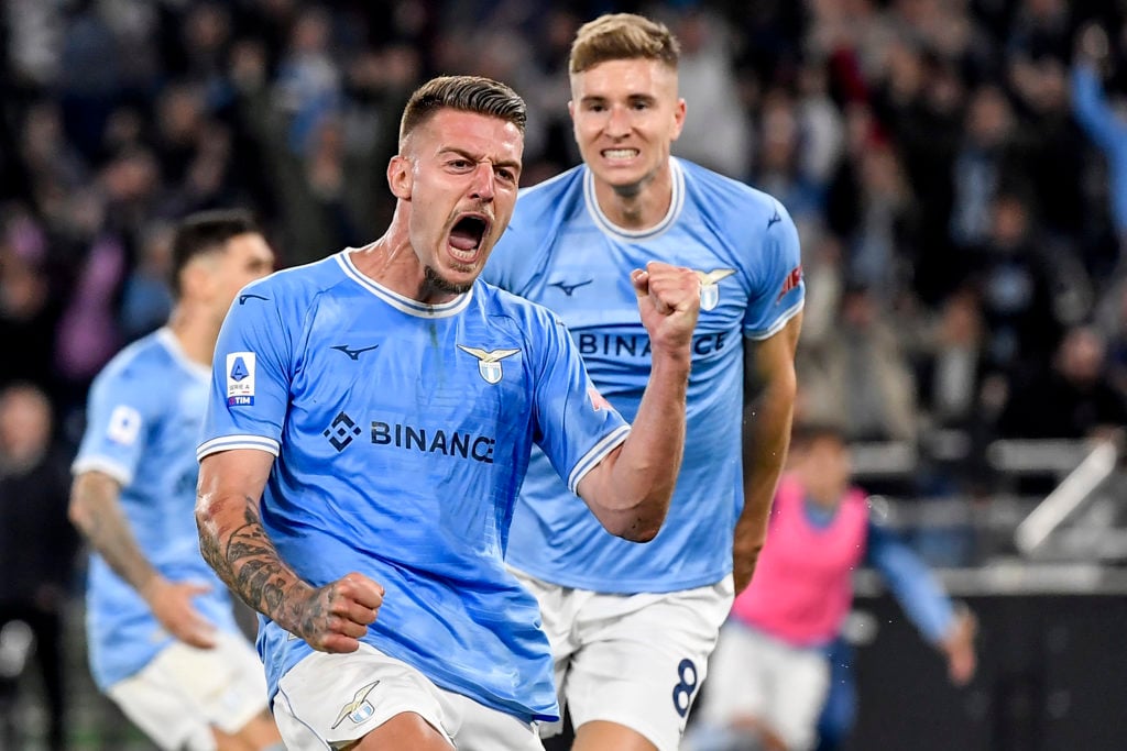 Sergej Milinkovic Savic of SS Lazio celebrates after scoring