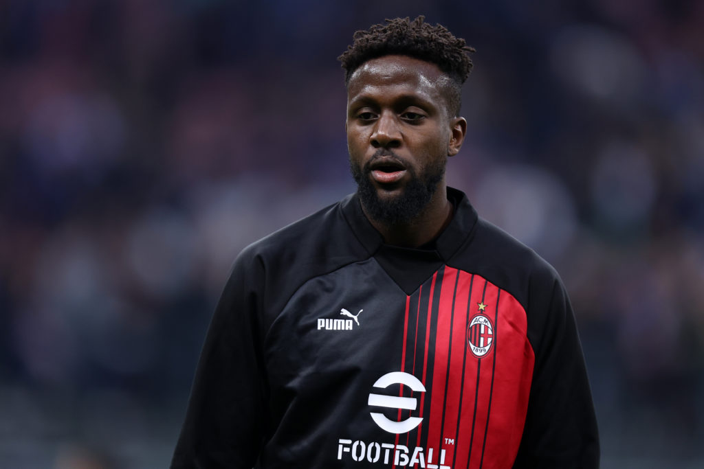 Divock Origi warms up ahead of the UEFA Champions League semi-final between AC Milan and Inter Milan at San Siro.