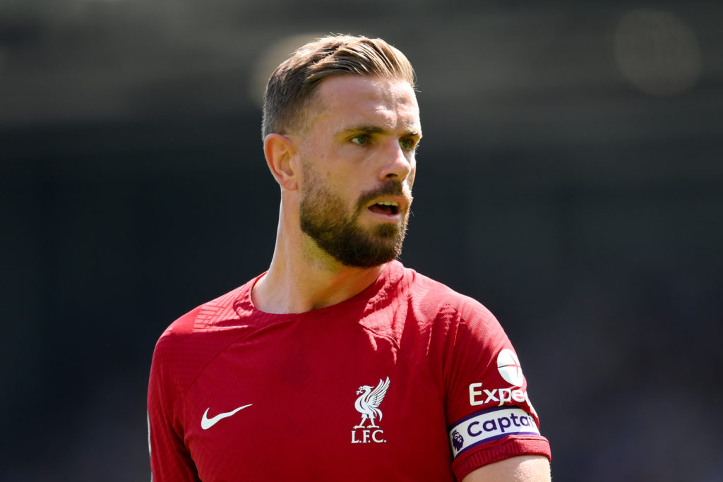 Jordan Henderson of Liverpool looks on during the Premier League match between Fulham FC and Liverpool FC at Craven Cottage