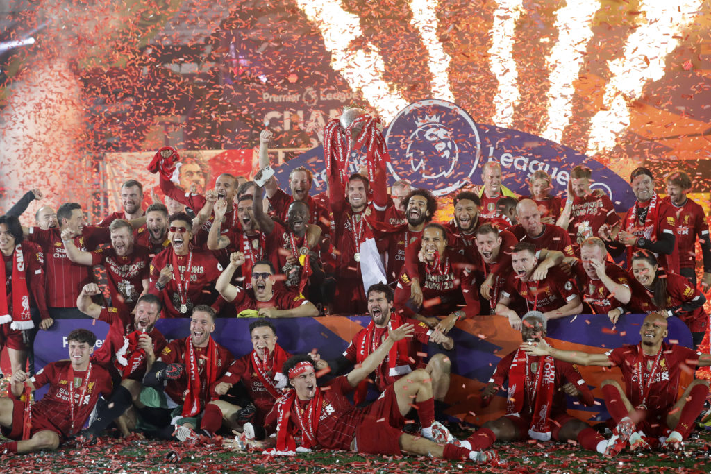 Liverpool players celebrate winning 2019/20 Premier League title