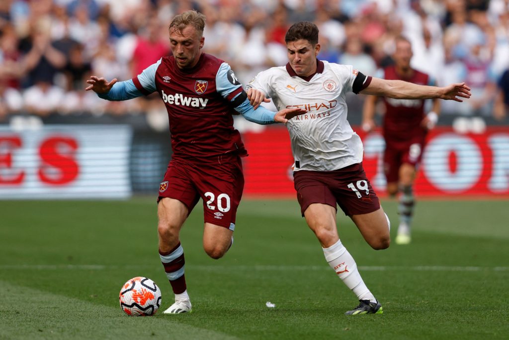 West Ham United winger Jarrod Bowen in action vs Manchester City before Liverpool match