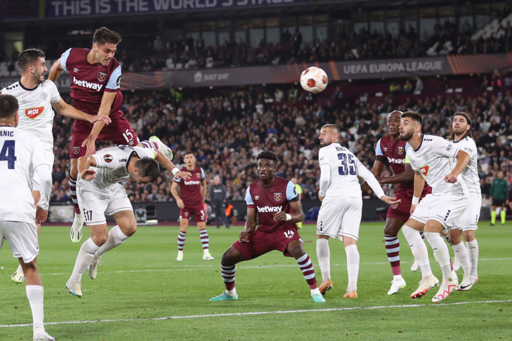 West Ham United defender Konstantinos Mavropanos in action v FK TSC Backa Topola before Liverpool visit