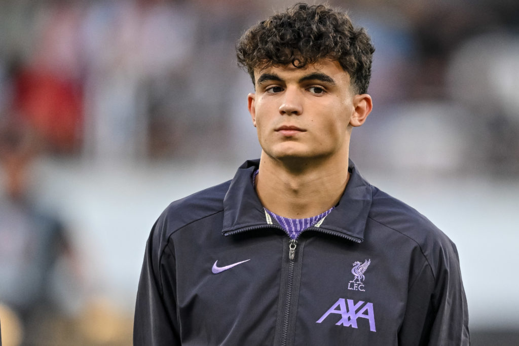 Stefan Bajcetic of Liverpool FC looks on prior to the UEFA Europa League 2023/24 group stage match between LASK and Liverpool FC