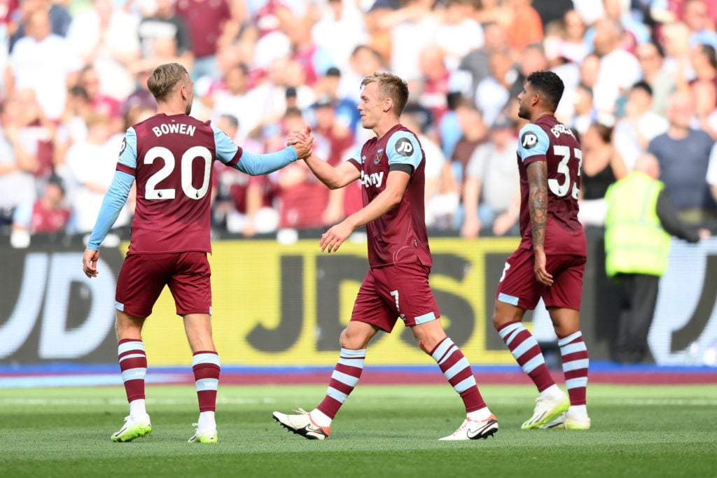 West Ham United winger Jarrod Bowen in action vs Manchester City before Liverpool match