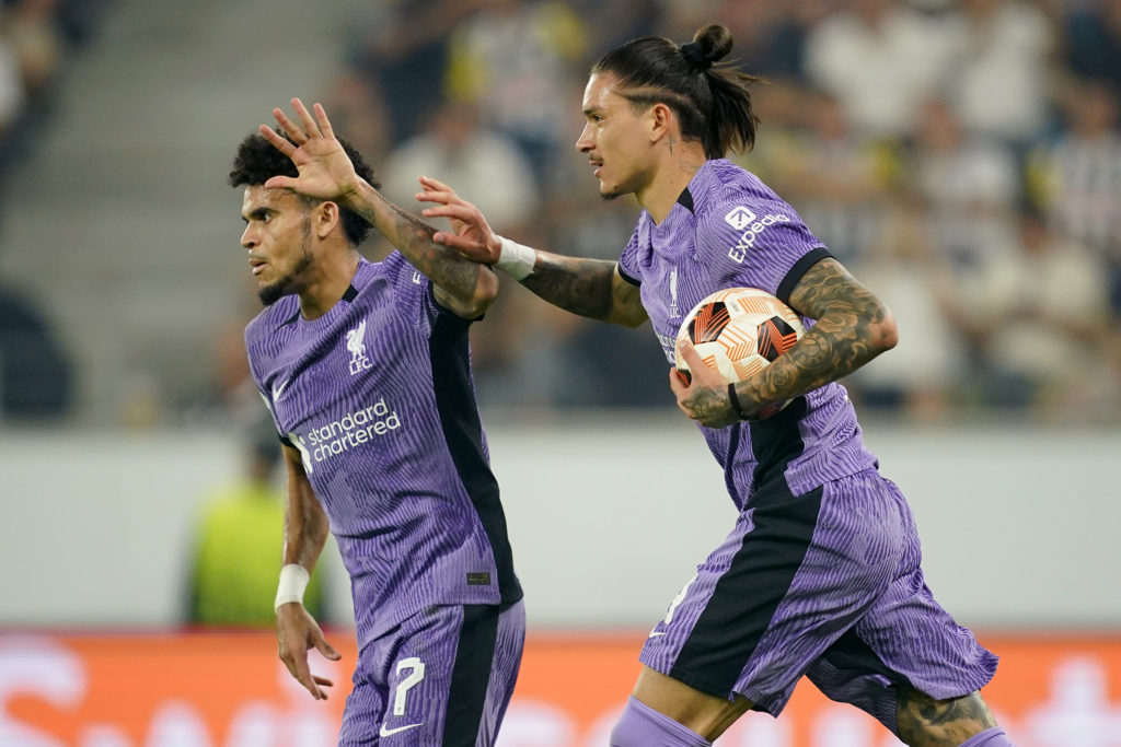Darwin Nunez of Liverpool celebrates with teammate Luis Diaz after scoring the team's first goal during the UEFA Europa League 2023/24 group stage match between LASK and Liverpool