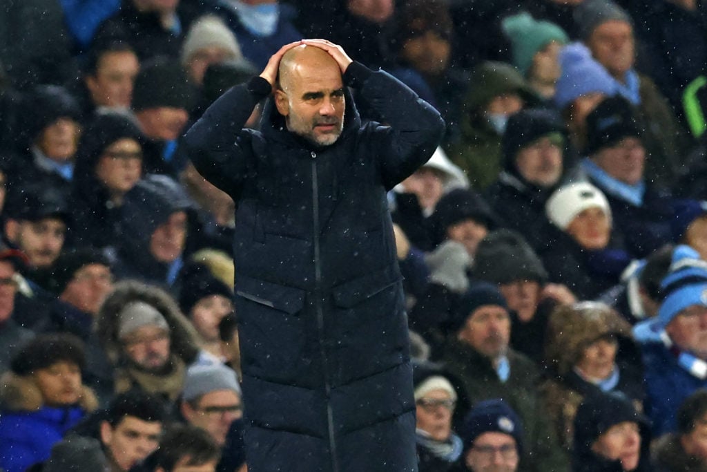 Manchester City's Spanish manager Pep Guardiola gestures on the touchline during the English Premier League football match between Manchester City and Tottenham Hotspur at the Etihad Stadium