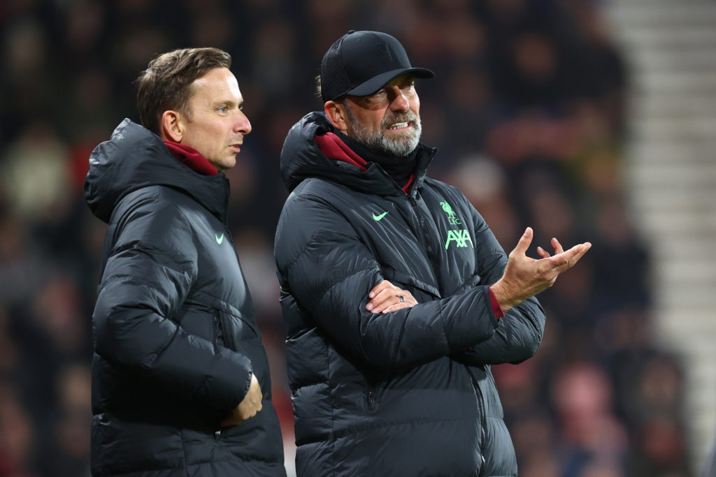 Pepijn Lijnders and Liverpool manager Jurgen Klopp during the Premier League match between AFC Bournemouth and Liverpool FC at Vitality Stadium